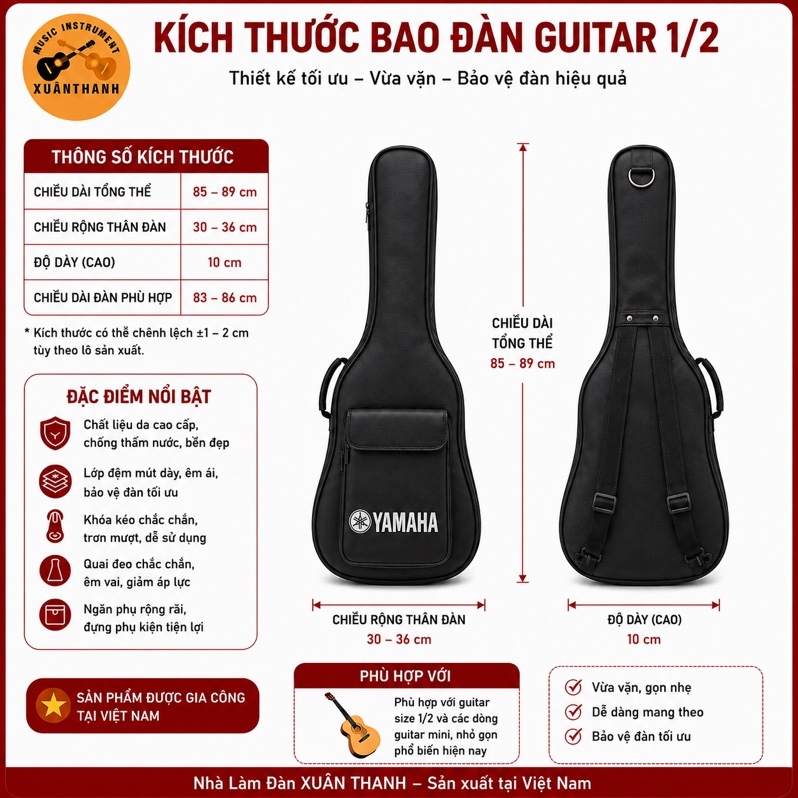 Bao Da Đàn Guitar Dày 3 Lớp Size 1/2 Túi Đựng Đàn Guitar Acoustic Classic Chống Sốc Chống Trầy Có Quai Đeo