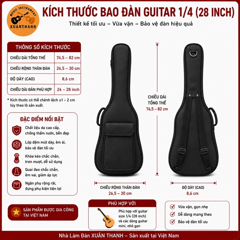 Bao Da Đàn Guitar Dày 3 Lớp Size 1/4 Túi Đựng Đàn Guitar Acoustic Classic Chống Sốc Chống Trầy Có Quai Đeo