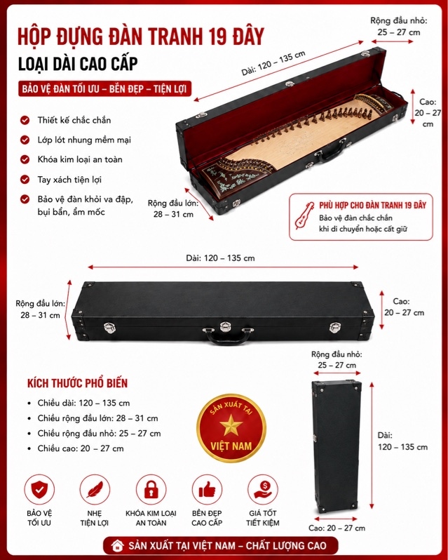 Hộp Cứng Đàn Tranh 19 Dây Hộp Đựng Bảo Vệ Đàn Tranh Chắc Chắn