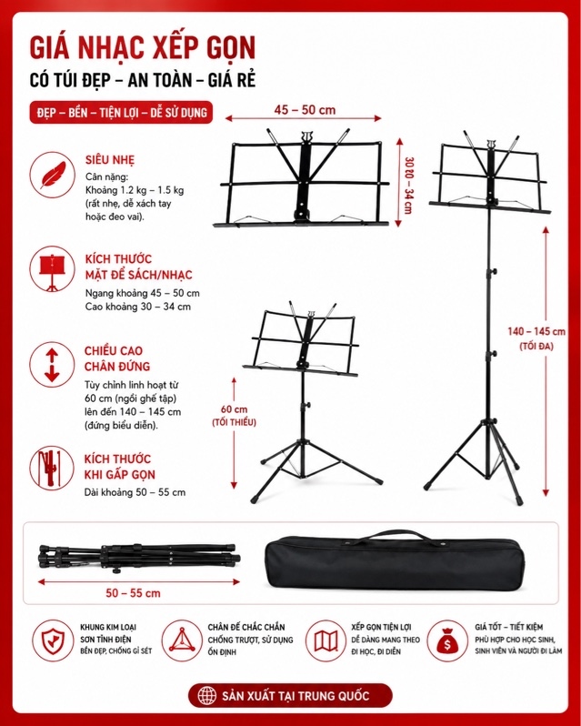 Giá Nhạc Thường HY-202 Giá Để Bản Nhạc Gấp Gọn Điều Chỉnh Độ Cao Khung Thép Chắc Chắn Cho Học Tập Biểu Diễn