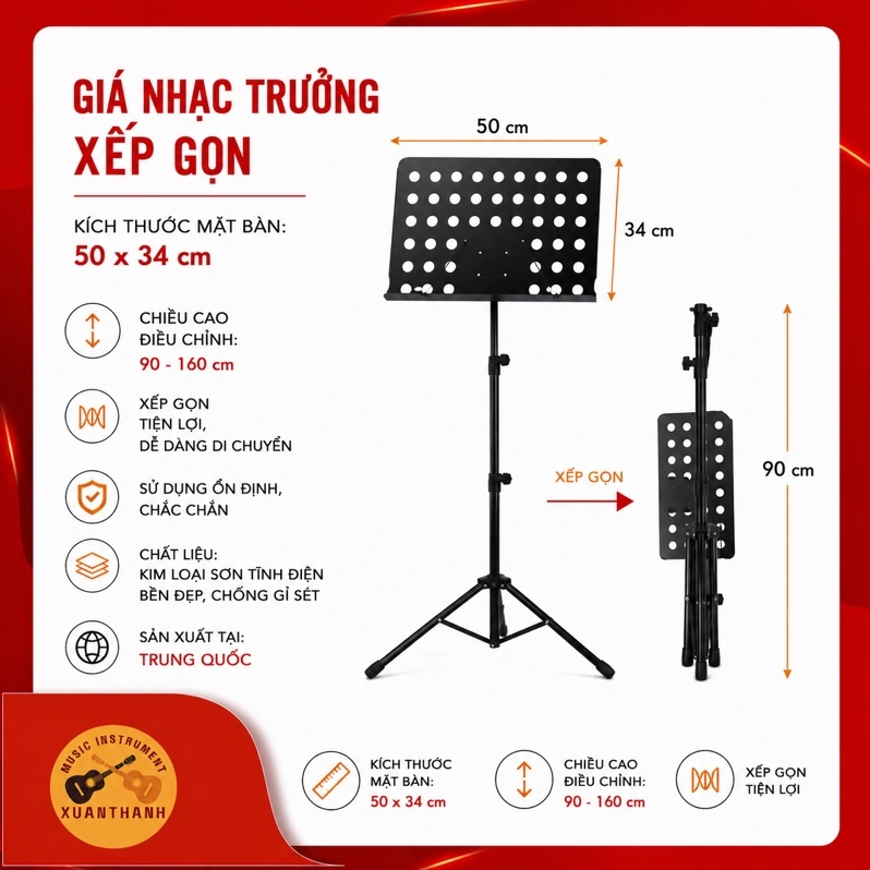 Giá Nhạc Trưởng Xếp Gọn Loại Tốt HY-208 Giá Để Bản Nhạc Gấp Gọn Điều Chỉnh Độ Cao Khung Thép Chắc Chắn Cho Chỉ Huy Biểu Diễn