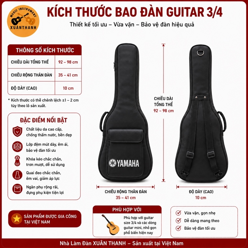 Bao Da Đàn Guitar Dày 3 Lớp Size 3/4 Túi Đựng Đàn Guitar Acoustic Classic Chống Sốc Chống Trầy Có Quai Đeo