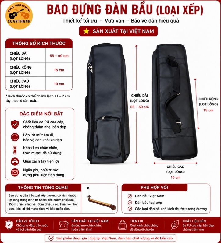 Bao Da Đàn Bầu 3 Lớp Loại Dày Xếp Gọn BB-DX